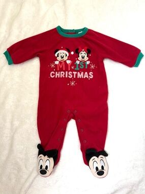 Disney Red & Green Mickey Minnie '1st Christmas' Baby Footie